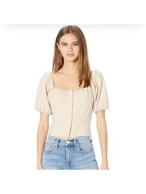WAYF Khaki Debby Cream Puff Sleeve Bustier shirred back Top xs